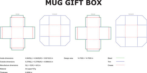 Detailed diagram of a mug gift box showing design for print dimensions and various foldable panel templates