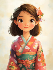 Smiling girl in japanese kimono digital portrait