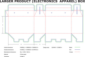 Detailed technical diagram of a corrugated cardboard packaging box design with bleed trim and crease lines specifications
