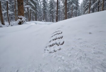 Deep bear claw marks etched in pristine snow, secluded woods ,  brown bear,  icy,  snow