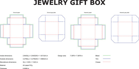Detailed flat packaging designs for jewelry gift boxes in various shapes and styles perfect for presentation