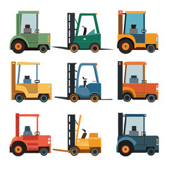 Six classic forklift transport isolated on white background