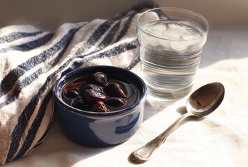 Delicious Dark Dates in a Blue Bowl Accompanied by a Glass of Cold Water and a Spoon on a Soft Fabric Surface