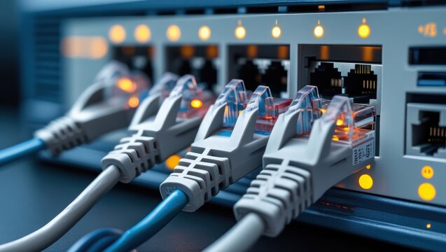 network computer Ethernet cables plugged into a network switch with blinking lights