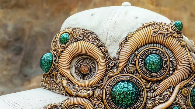 Ornate baseball cap with decorative embellishments.