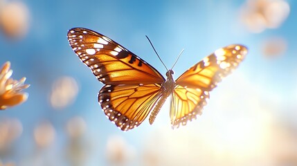 Fototapeta premium Monarch butterfly in flight close up macro shot with orange and black wings against a bright blue sky capturing the beauty of nature and insect details