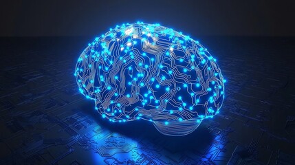 A glowing 3d rendered artificial brain with interconnected neural pathways, illuminated with blue cybernetic energy, symbolizing ai powered thinking and advanced intelligence &ndash; high-quality AI image