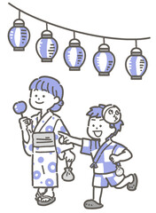 浴衣と甚平を着て提灯の下を歩く男の子と女の子のイラスト

