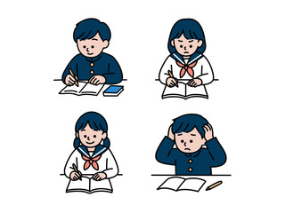 勉強中の学生4人セット 表情差分 イラスト