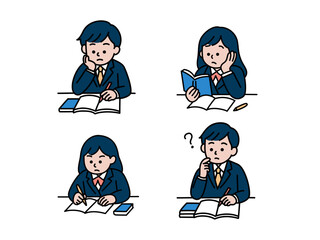 勉強中の中高生4人セット 表情差分 イラスト