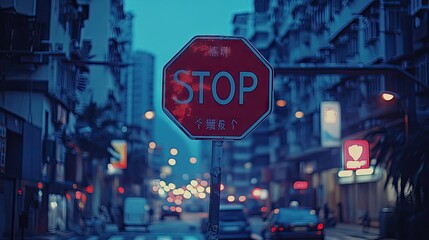 Urban nighttime scene with a stop sign.