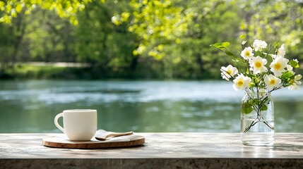 Outdoor scene with coffee cup flowers and a river tranquil natural setting with lush green trees and sunlight