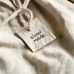 sustainable fashion concept Natural fabric with a "slow made" tag, emphasizing craftsmanship and sustainability.