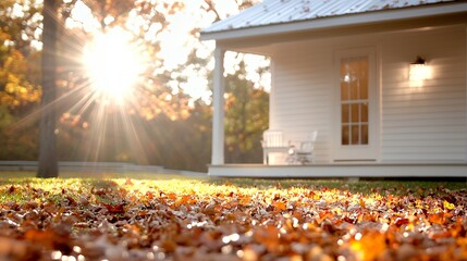 Peaceful autumn scene sunlight bathes a white cottage surrounded by fallen leaves a warm inviting atmosphere enhanced by sunlight perfect for seasonal projects and adding a cozy feeling to your work