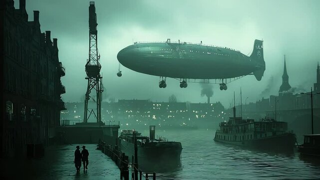 Dark, futuristic airships over city harbor.