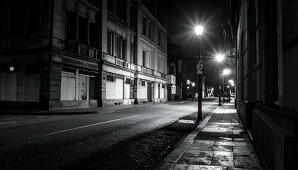 Fototapeta premium Deserted city street at night, black and white photo. Empty road, streetlights illuminate buildings.