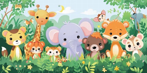 Cute cartoon animals in grass include an elephant and giraffe, foxes, tigers, cats, mice, bears, and deer, bright colors, green plants, blue sky.