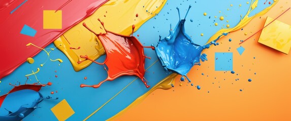 Fototapeta premium Energetic paint splashes in red yellow and blue plus subtle geometric shapes create a playful dynamic wallpaper.
