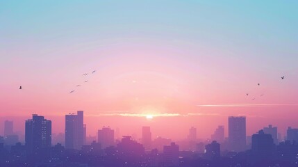 Fototapeta premium A dreamy lofi wallpaper quiet cityscape at sunset soft pastel hues blend into sky distant silhouettes of buildings and birds in flight.