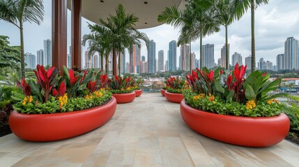 Fototapeta premium Outdoor patio with vibrant planters, city view