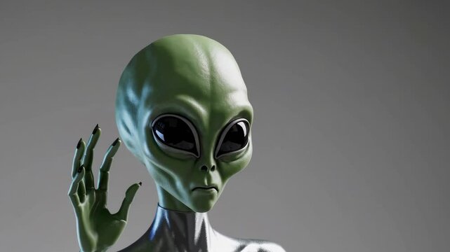 3D animation of a green alien with large black eyes and defined facial features, making a subtle hand gesture on a neutral background. Great for sci-fi storytelling, extraterrestrial intelligence them