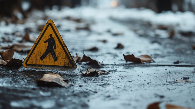 Caution sign highlighting slippery conditions due to ice and fallen leaves