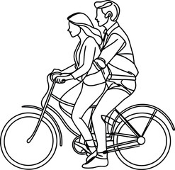 A happy couple enjoys a relaxing bicycle ride together sharing a romantic moment in simple black and white line art