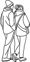 A black and white line art illustration of two people walking together in winter clothing from behind view