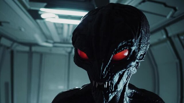 Intimidating 3D animation of a dark-skinned alien creature with glowing red eyes in a dimly-lit spaceship corridor. Ideal for horror sci-fi, alien invasion scenes, or antagonistic alien characters.
