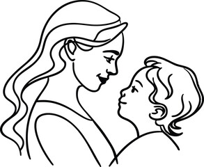 Loving illustration depicting a mother and child gazing affectionately at each other in black and white simple outline