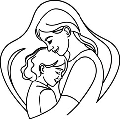 Loving embrace of mother and child depicted in a simple elegant black and white line art drawing