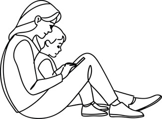Mother and child reading a tablet together simple line art illustration family bonding communication technology