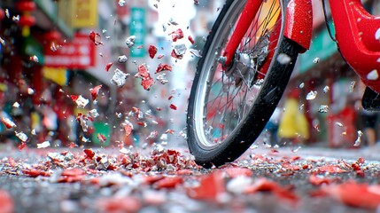 Red bicycle amidst flying confetti on a city street
