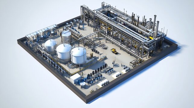 Detailed Isometric View of Industrial Plant with Complex Piping System