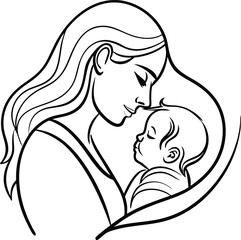 Illustration of a loving mother tenderly embracing her sleeping baby in a black and white line art style