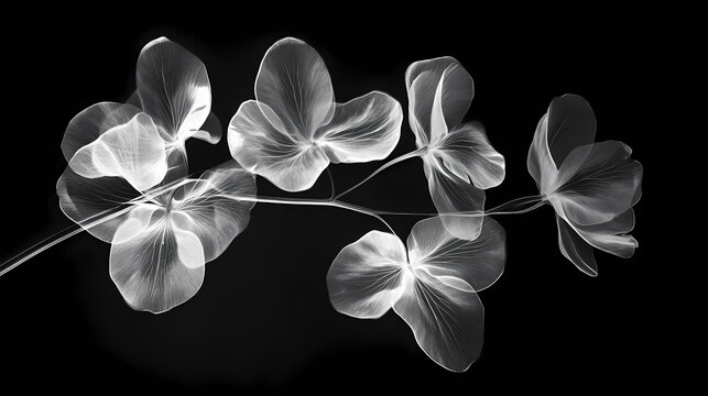 X-ray style grayscale image of delicate flower branch. [Abyssal Gardens] | Abyss Bloom | shadowed flora. Illustration