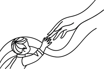 Hand reaching to another in a minimalist linear illustration symbolizes hope love support and connection on a white background