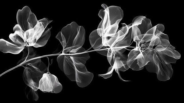 X-ray style grayscale image of delicate flower branch. [Abyssal Gardens] | Abyss Bloom | shadowed flora. Illustration