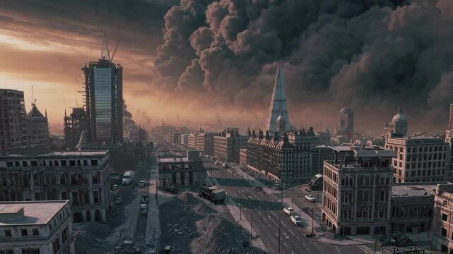 Apocalyptic cityscape with dramatic cloud plumes and damaged buildings, evoking a disaster scenario or global catastrophe.