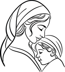 Elegant black and white illustration of a mother embracing her child depicting love and tenderness family bond