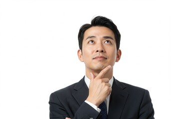 Pensive asian businessman in suit looking up with finger on chin against white background