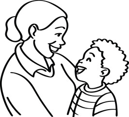 Black and white vector illustration of a happy mother and son sharing a loving moment together