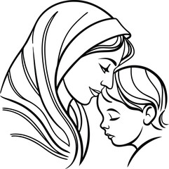 A tender moment illustrating the bond between a mother and her child showcasing love and affection in a simple line art design