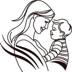 Loving mother holding and looking at her cute baby boy in a close embrace with joyful expressions captured in line art