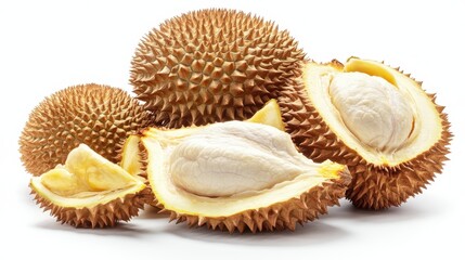 Fresh whole durian fruit with sharp spiky skin isolated on clean white background ultra-realistic food photo