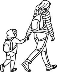 A mother and child walk together hand in hand going to school with backpacks with a simple outline illustration.