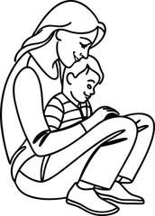 A mother comforts her child a touching black and white illustration depicting family love and protection