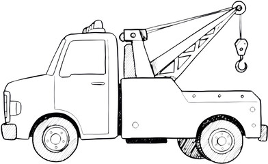 Outline drawing of a tow truck with crane and hook  