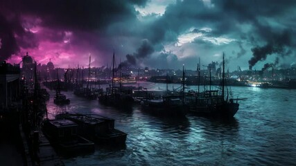 Dark harbor scene with dramatic sky.