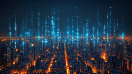 Fototapeta premium Night city, illuminated by digital data streams. Urban skyline with glowing light trails